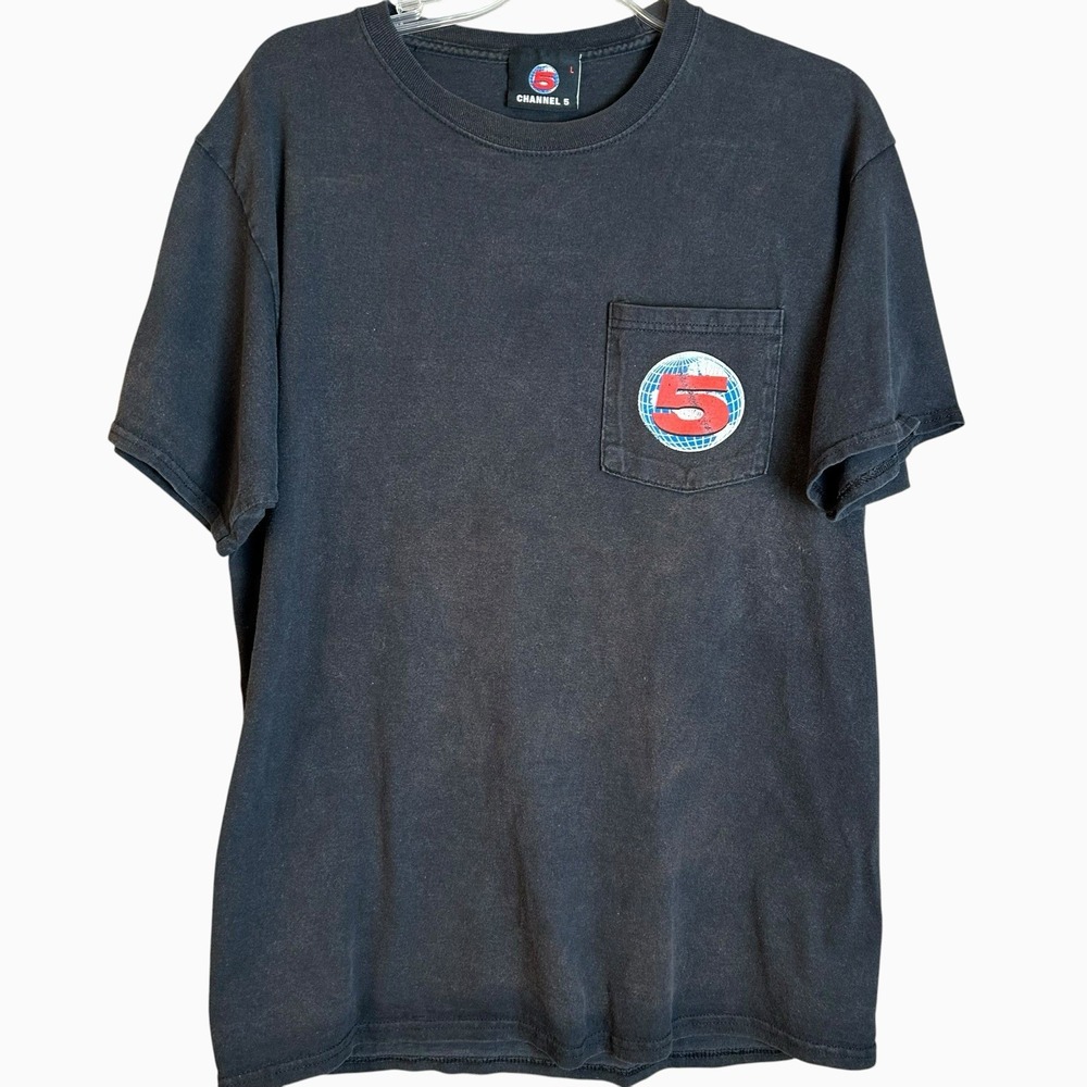 Channel 5 News Short Sleeve 'Logo' Pocket Graphic Tee T-Shirt Sz L Double Sided